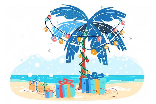 Vector decorated blue palm tree christmas lights