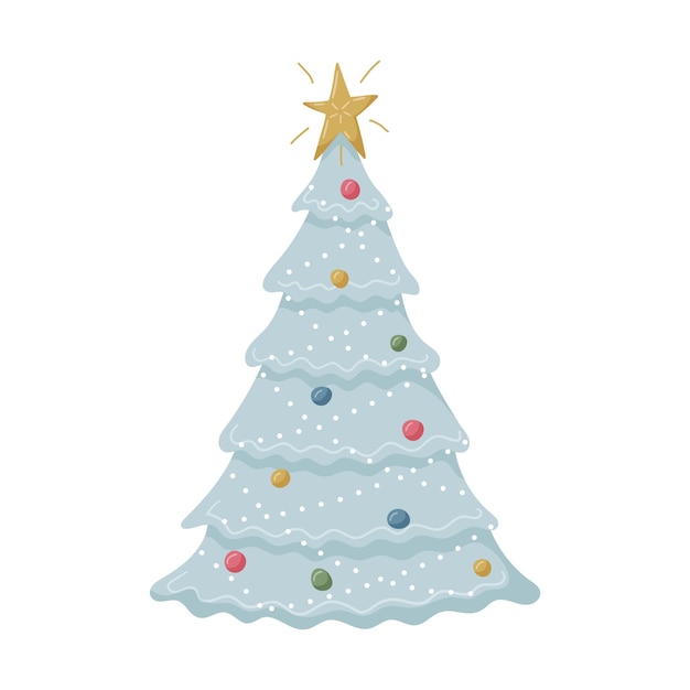 A decorated Christmas tree with a garland a star and toys Pastel blue color Handdrawn flat Christmas attribute design element isolated on a white background Color vector illustration