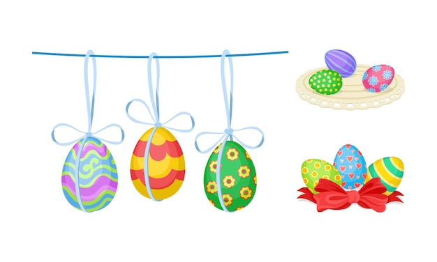 Vector decorated easter egg hanging on rope tied with ribbon and rested on table napkin as holiday symbols vector set