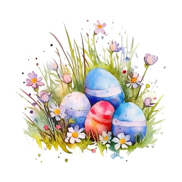 Decorated easter eggs in the grass with spring flowers watercolor