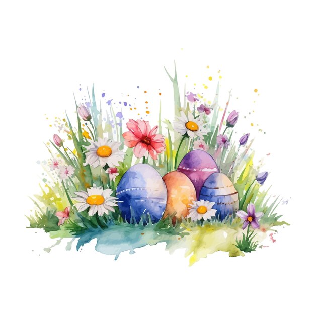 Decorated easter eggs in the grass with spring flowers watercolor