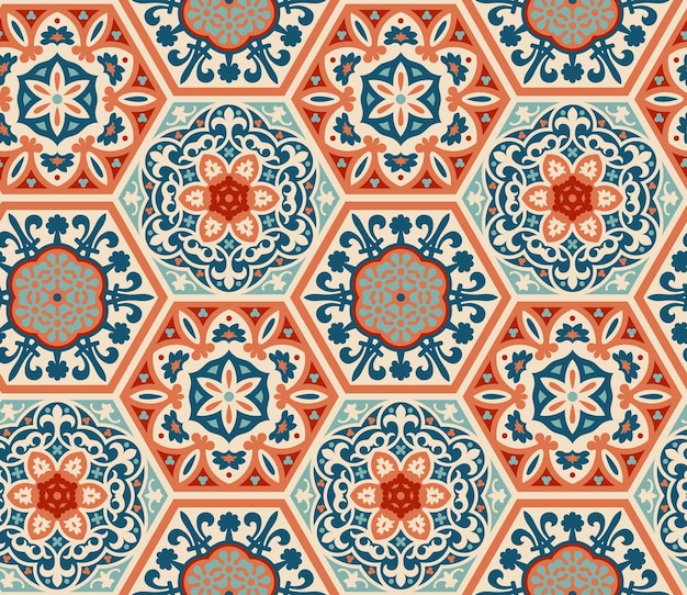 Decorated patterned hexagon tiles seamless vector pattern patchwork style