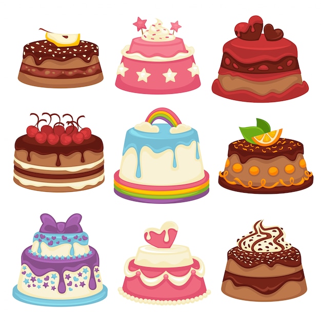 Decorated sweet festival cakes collection isolated on white.