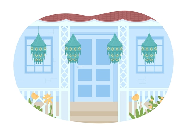 Decorating house for Diwali 2D vector isolated illustration