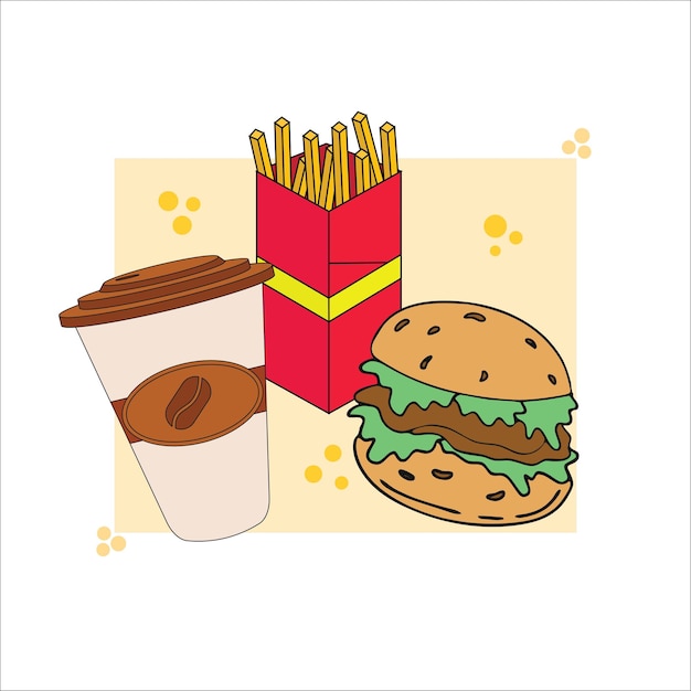 Decoration Fast Food Takeaway Burger Coffee Cup French Fries Vector