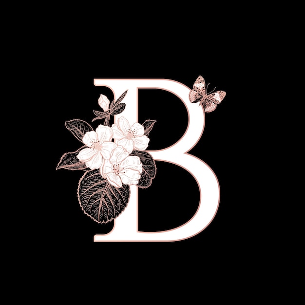 Decorations with letter B flowering sakura branches and butterfly