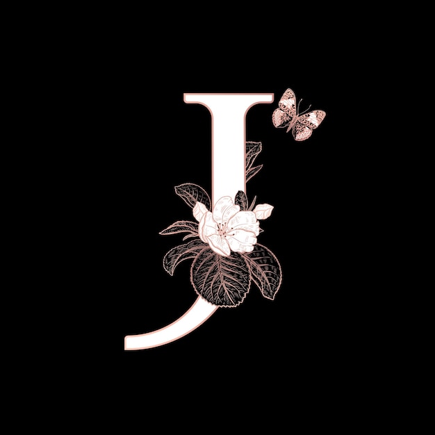 Decorations with letter J flowering sakura branches and butterfly