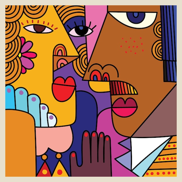 Decorative abstract couple face person hand drawn vector illustration Cubism shapes line