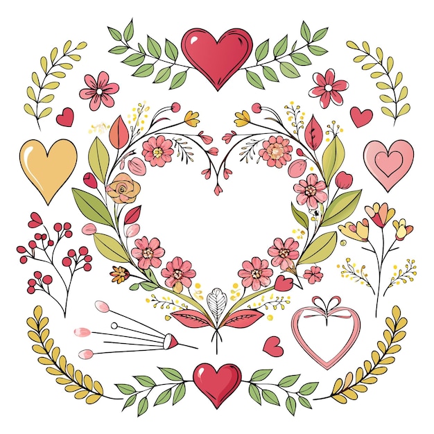 A decorative arrangement of hearts and flowers in a whimsical style