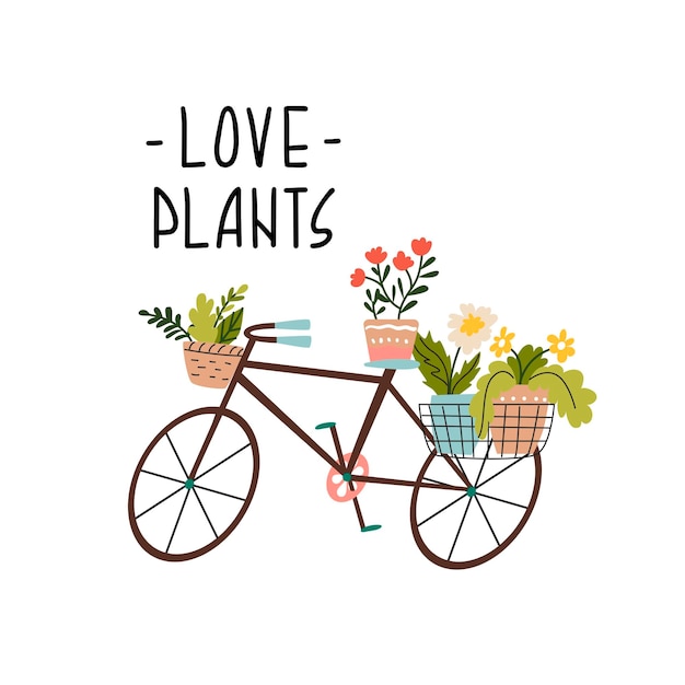 Decorative bicycle decorated with flower pots Decoration for garden or park or Lawn Hand drawing print design Bicycle and slogan Love plants Flat style in vector illustration Isolated element