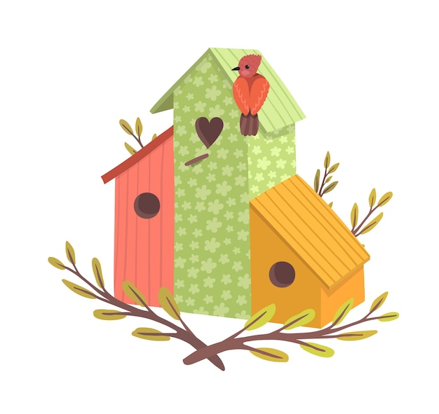 Decorative bird handmade house home for wildlife character poultry isolated on white cartoon vector illustration Cozy blue nesting box