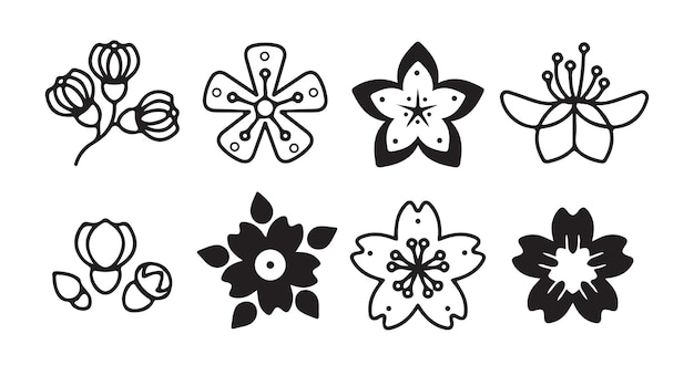 Decorative black and white vector flower icon set