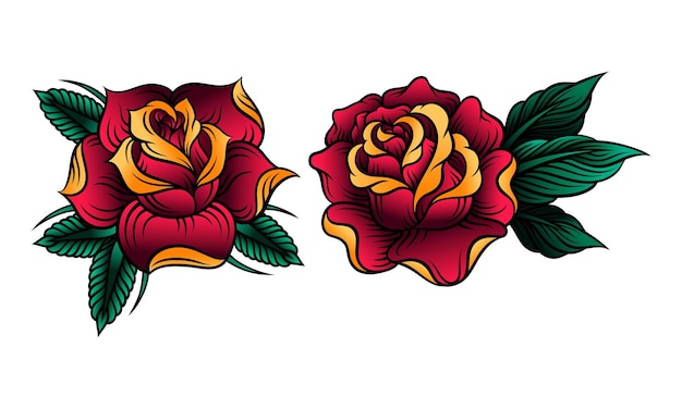 Decorative Blown Red Roses with Petal and Leaves Vector Set