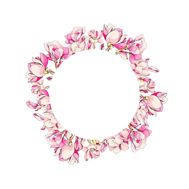 Decorative circle frame for floral design with cherry tree flowers and branch Sakura flowers frame