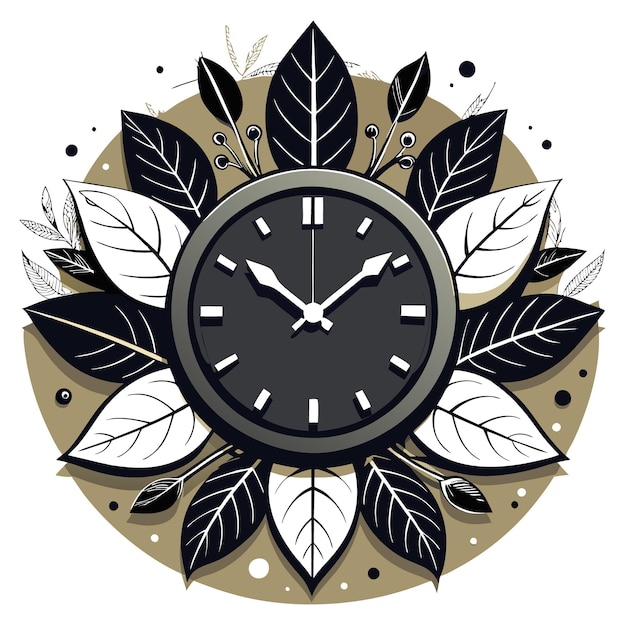 Vector a decorative clock surrounded by stylized leaves and nature elements