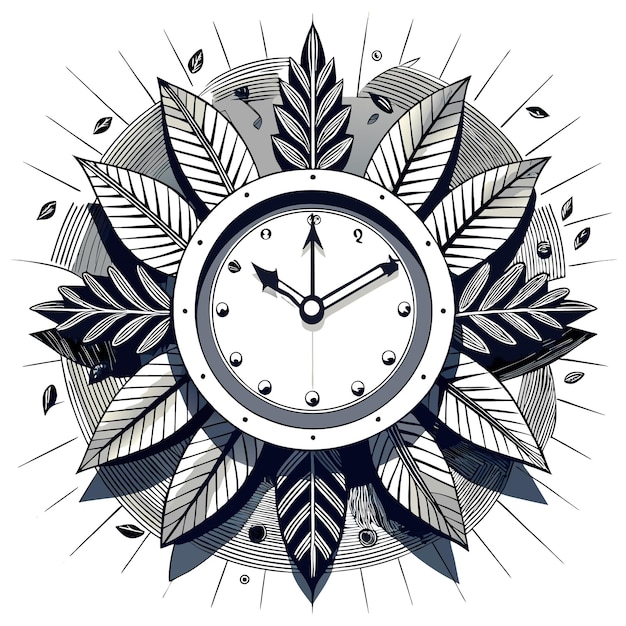 Vector a decorative clock surrounded by stylized leaves and rays