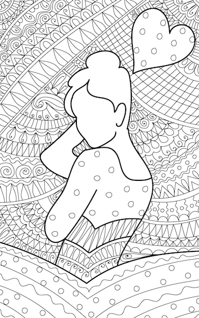 Decorative coloring page of a woman with henna design style