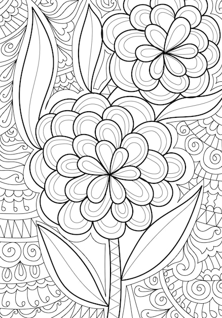 Decorative floral coloring book page illustration for adults