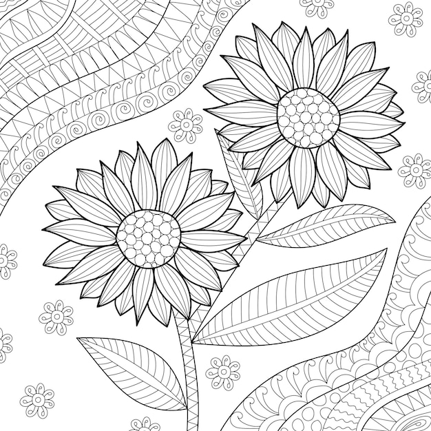 Decorative floral coloring book page illustration for adults