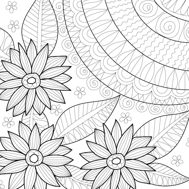 Decorative floral coloring book page illustration for adults