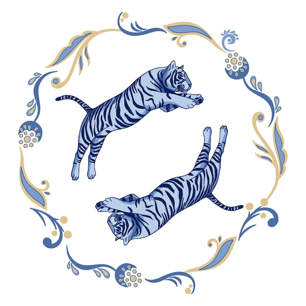 Decorative floral composition with navy blue nordic tiger and abstract oriental flowers and plants