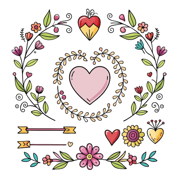 Decorative floral elements with hearts and arrows for design use