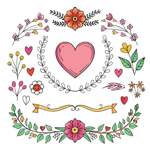 Decorative floral elements with hearts and banners for design