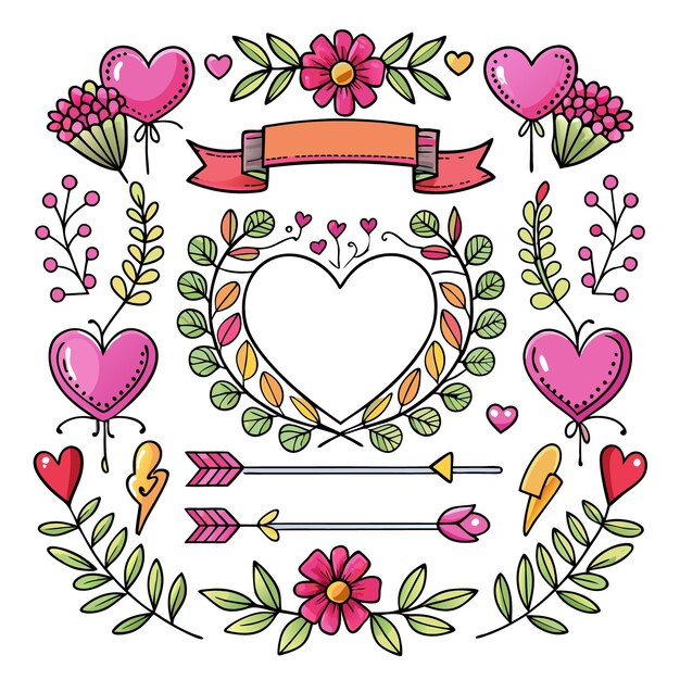 Decorative floral and heart elements for romantic designs