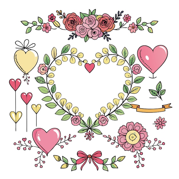 Decorative floral and heart illustrations for romantic themes