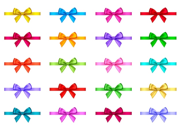 Decorative gift ribbon and bow isolated on white background. Blue, red, green, pink, golden holiday decoration.Vector set of decor elements  for banner, greeting card, poster.