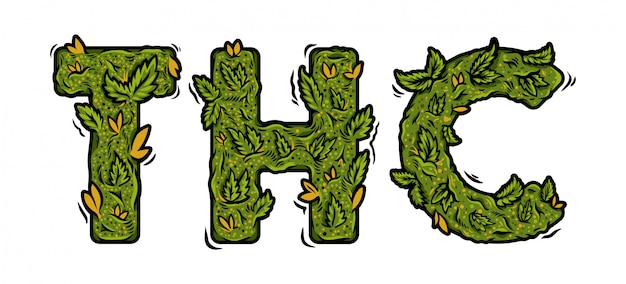 Decorative green marijuana font with inscription "THC" made from cannabis hemp buds.