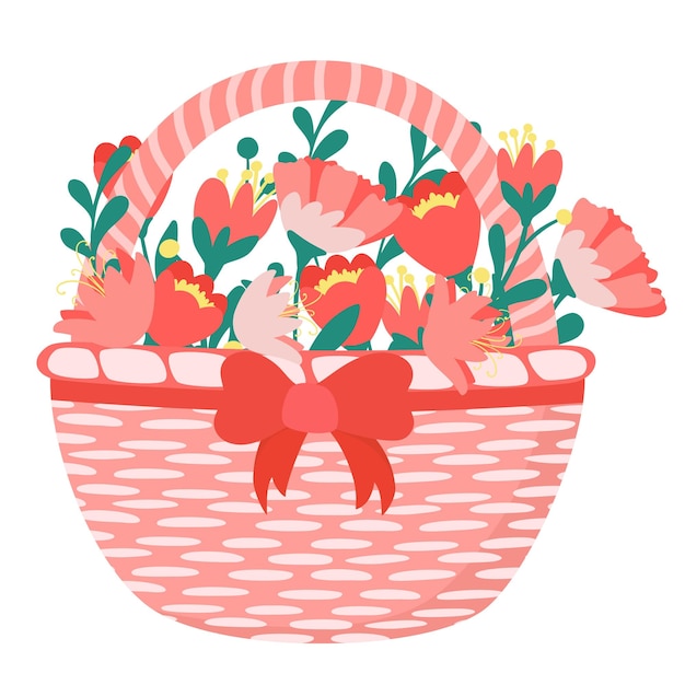 Decorative hand drawn basket with cute flowers, leaves, bow isolated on white background. Happy Easter holiday. Spring floral colorful illustration. Abstract vector for greeting card, invitation