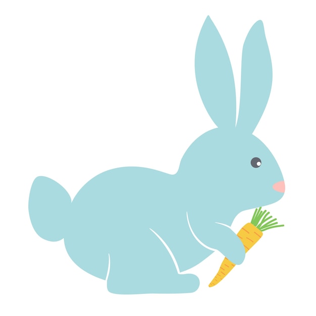 Decorative hand drawn cute blue Easter rabbit with carrot. Easter bunny. Spring colorful character. Vector illustration isolated on white background