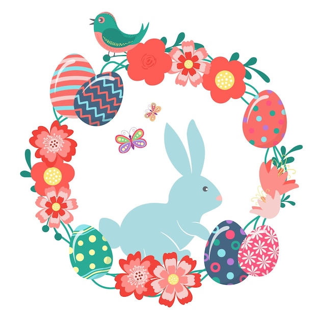 Decorative hand drawn cute wreath with Easter eggs, bunny, bird, butterfly, flowers, leaves. Spring floral colorful frame. Abstract vector illustration isolated on white background