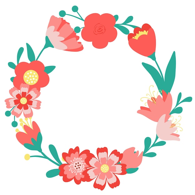 Decorative hand drawn cute wreath with flowers leaves Spring floral colorful frame Abstract vector illustration isolated on white background