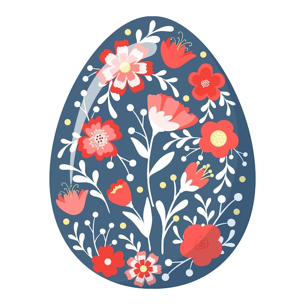 Decorative hand drawn egg with cute flowers, leaves. Happy Easter holiday. Spring floral colorful egg isolated on white background. Abstract doodle vector illustration for greeting card, invitation