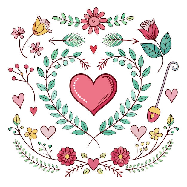 Decorative heart and floral elements in a whimsical design