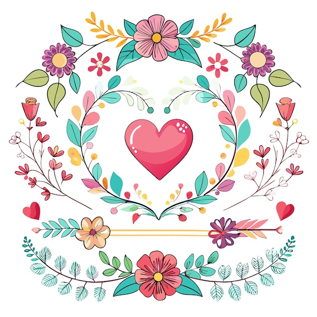 A decorative heart surrounded by colorful flowers and leaves