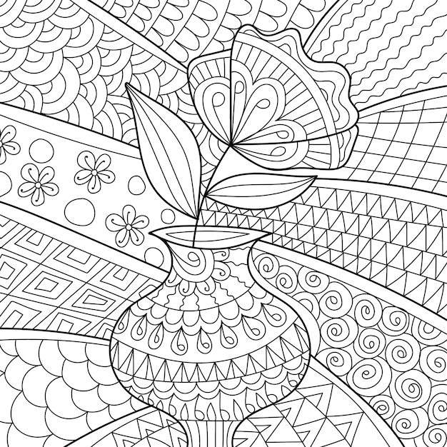 Decorative henna design style flower pot coloring book page for adults