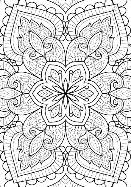 Decorative henna style mandala design coloring book page illustration