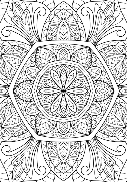 Decorative henna style mandala design coloring book page illustration