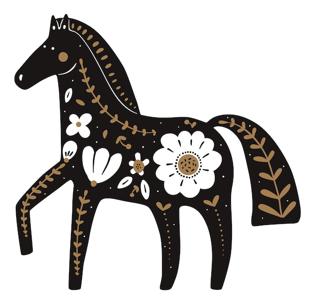 Decorative horse Dark animal silhouette with traditional scandinavian ornament