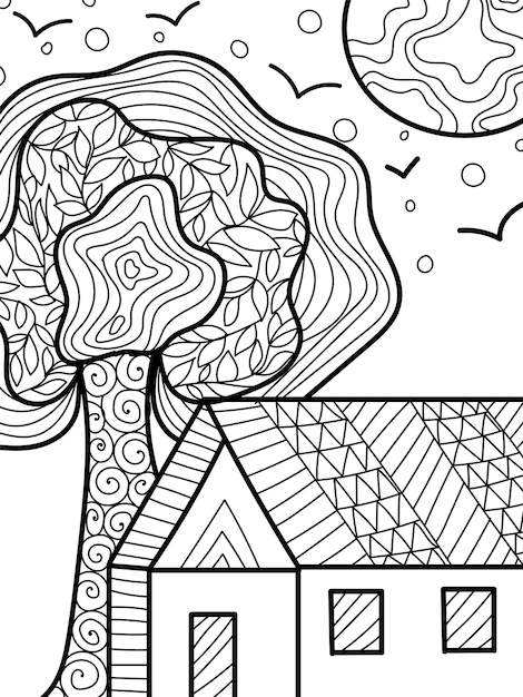 Decorative hut and tree coloring book page