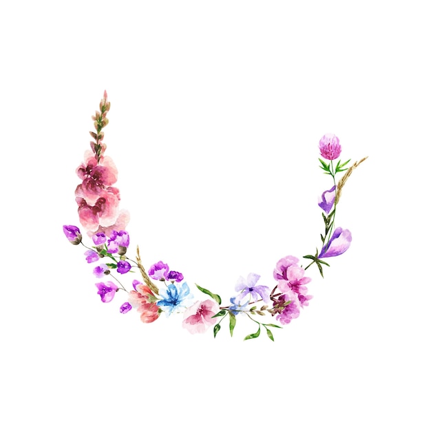 Decorative isolated watercolor wreath of wildflowers