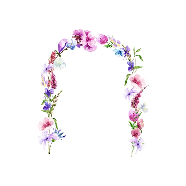 Decorative isolated watercolor wreath of wildflowers