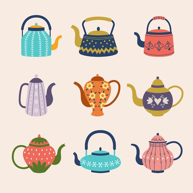 Decorative kettle Colored kitchen householder ceramic utensils for hot drinks recent vector flat illustrations collection