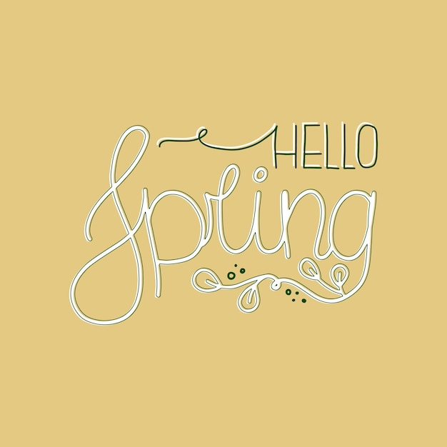 Decorative lettering HELLO SPRING with a stylized leaves and circles at the end.