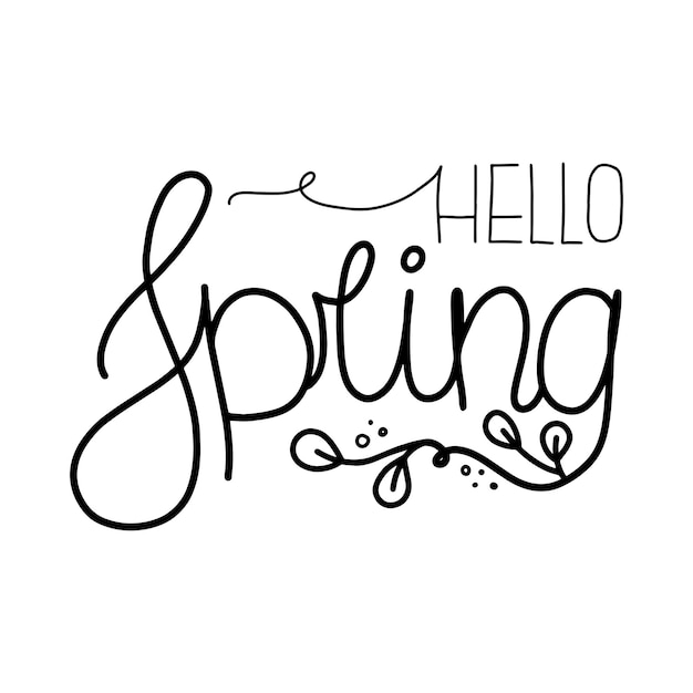 Decorative lettering HELLO SPRING with a stylized leaves and circles at the end.