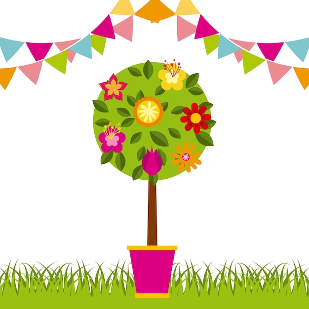 decorative pennants and tree with flowers