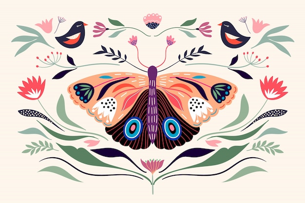 Decorative poster banner composition with floral elements, butterfly,different flowers and plants